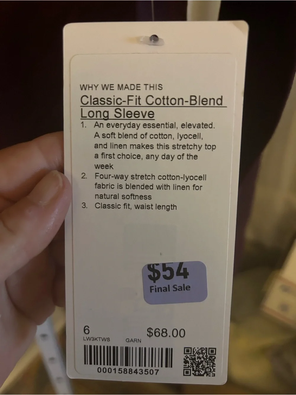 Lululemon classic Fit Cotton Blend Long Sleeve Tee in the color Garnet